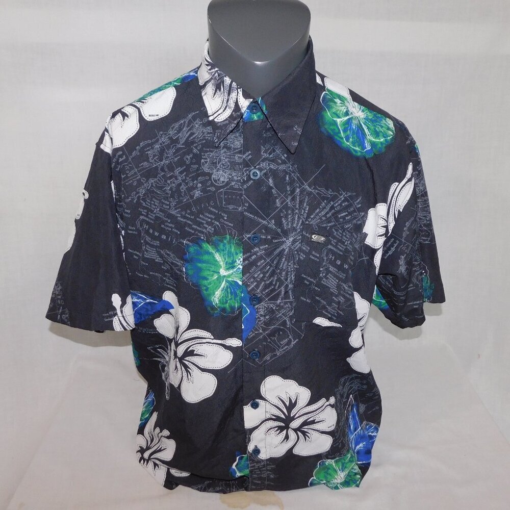 Blue White Floral Hawaiian Shirt Hibiscus Maps Bossimo Vintage Denim Mens L